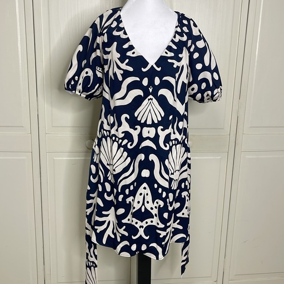 Alex Marie Womens Allison Satin Shell Print Crepe Short Sleeve A-Line Dress Sz M - Picture 13 of 16